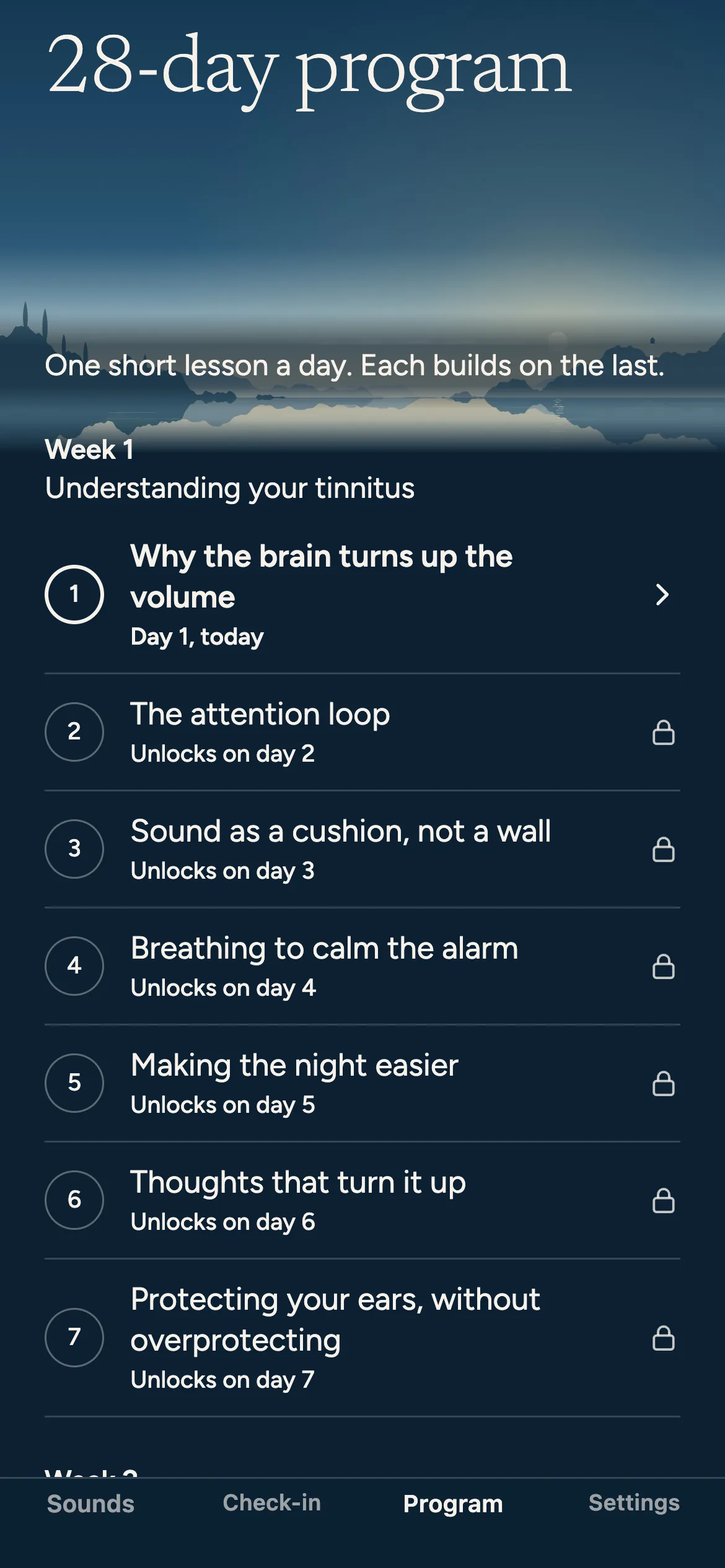 28-day program. Week 1, understanding your tinnitus: one short lesson a day.